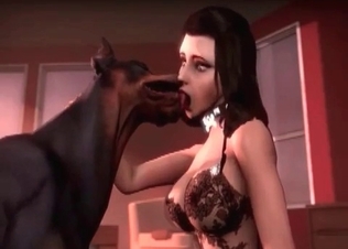 Spicy woman is kissing her sensual black Doberman