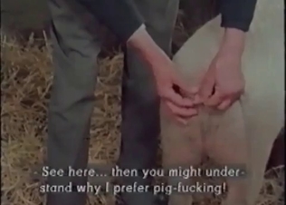 Old dirty zoophile fucks a cute farm animal in the doggy pose