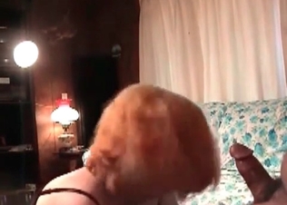 Redhead girl is blowing a juicy dog cock in the bed