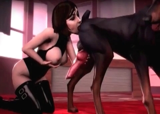 Big-tit goddess is sucking her doggy's asshole in 3D