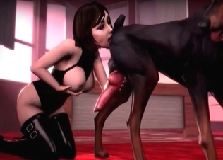 Big-tit goddess is sucking her doggy's asshole in 3D