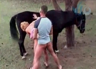 Blonde is swallowing dirty horse cum