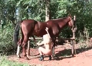Farm girl is blowing a horse