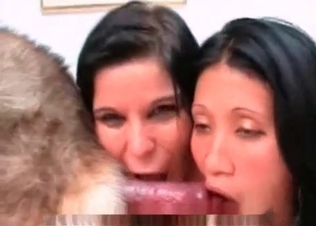 Two sisters are sucking a dog dick