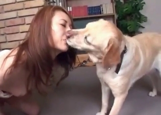 Big trained dog licks her small snatch