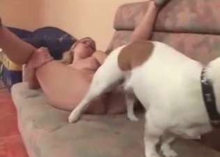 White dog pounds her small vagina