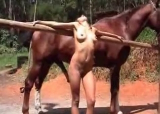 Naked bitch is getting horse sperm
