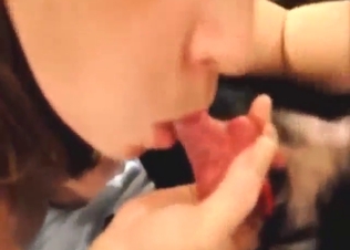 Chubby lady deepthroating a dog's hard boner