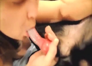 Chubby lady deepthroating a dog's hard boner